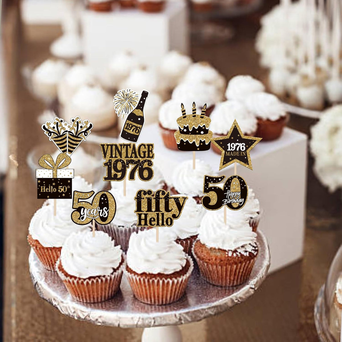 36PCS Happy 80th Birthday Cupcake Toppers Double Sided Black Gold - Vintage / 50th - image 4