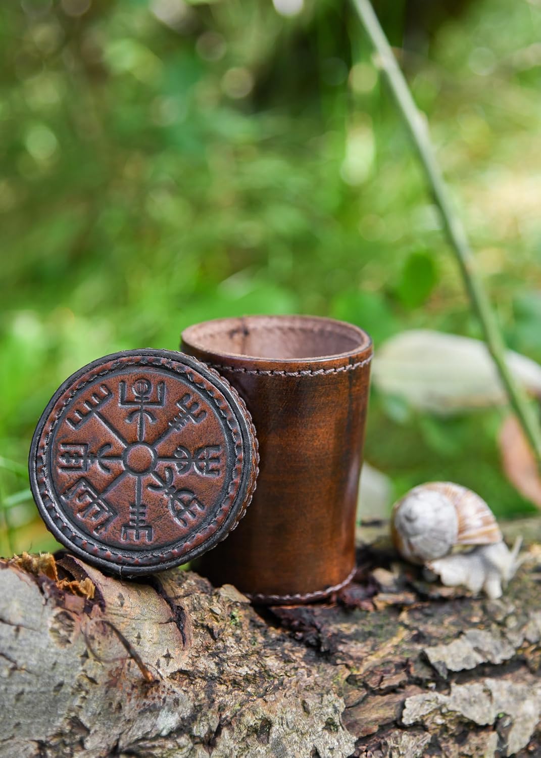 Ulfberth, Viking dice Cup with Embossed Motif, Genuine Leather - Vegvisir Brown - image 4