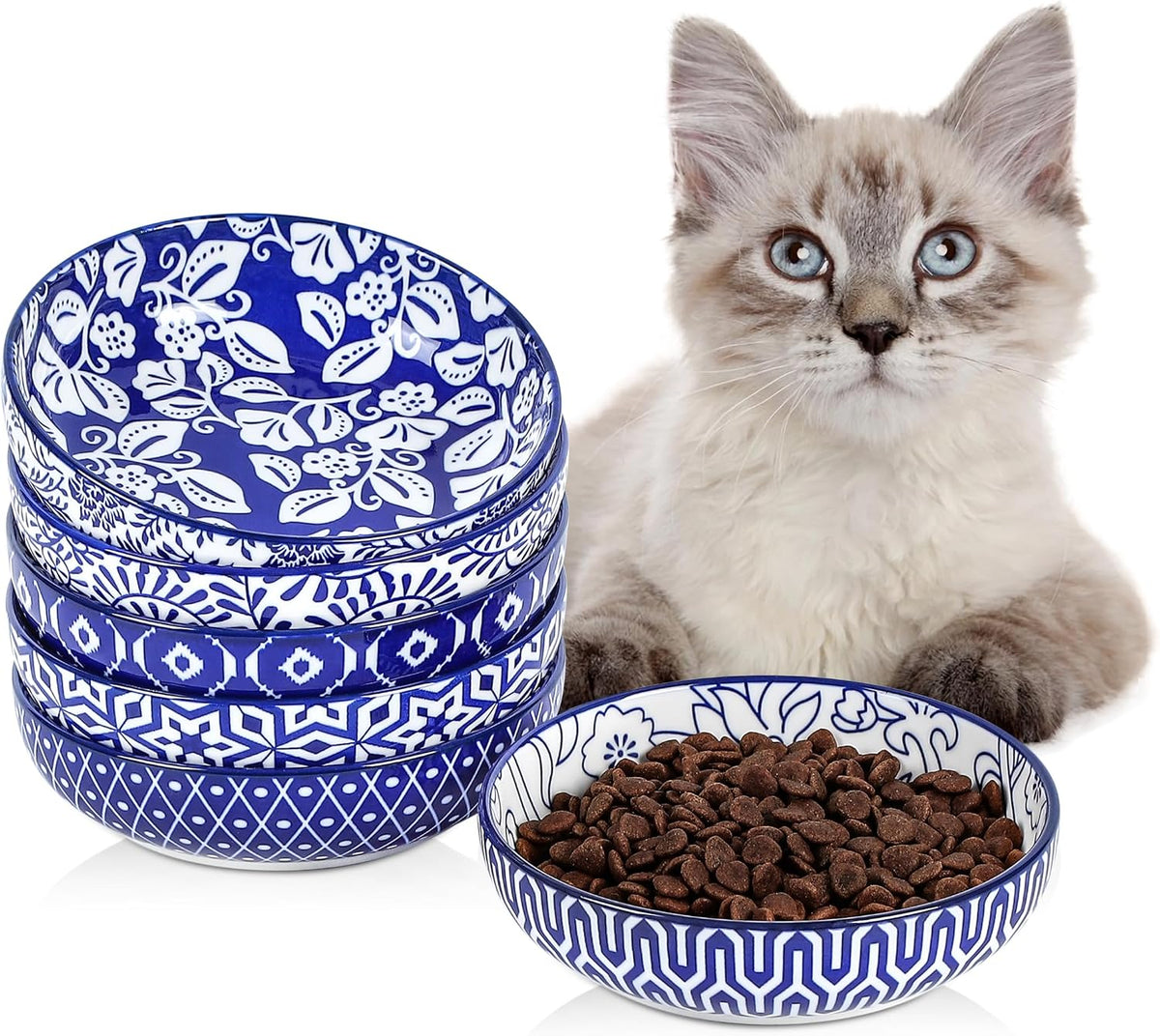 Selamica Ceramic Cat Bowls Set of 6 - 5.6 Inch, Set of 6 / Vintage Blue