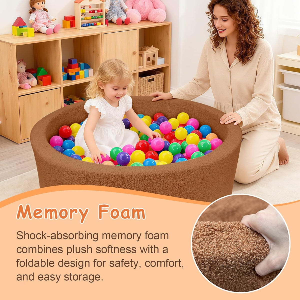 MEOGETY beige teddy fleece foam ball pit for toddlers with soft round walls - view 14