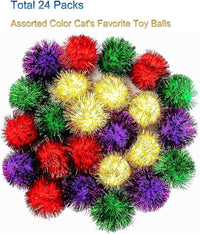 AUEAR, 24 Pack 2 Inch Extra Large Sparkle Cat Ball Glitter Tinsel Pom Pom Balls for Kittens (4 Assorsted Colors)