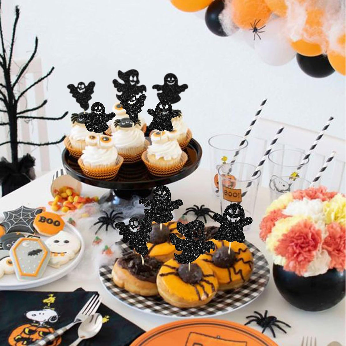 Gyufise black glitter Halloween happy birthday cake topper with half moon, house, pumpkin, ghost and - view 13