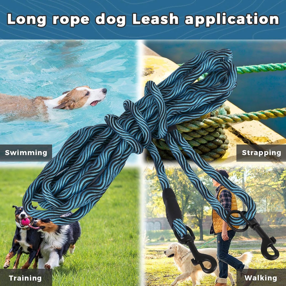 Long Dog Leash Tie-Out Check Cord - Blue / 20FT - image 4