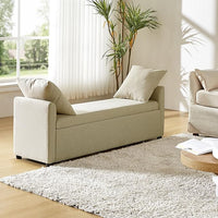 HULALA HOME Modern Storage Bench with Throw Pillows, 59.4" Extra Long Bedroom Ottoman Bench for End of Bed, Comfy Upholstered Footstool for Entryway Dining Room Living Room, Beige