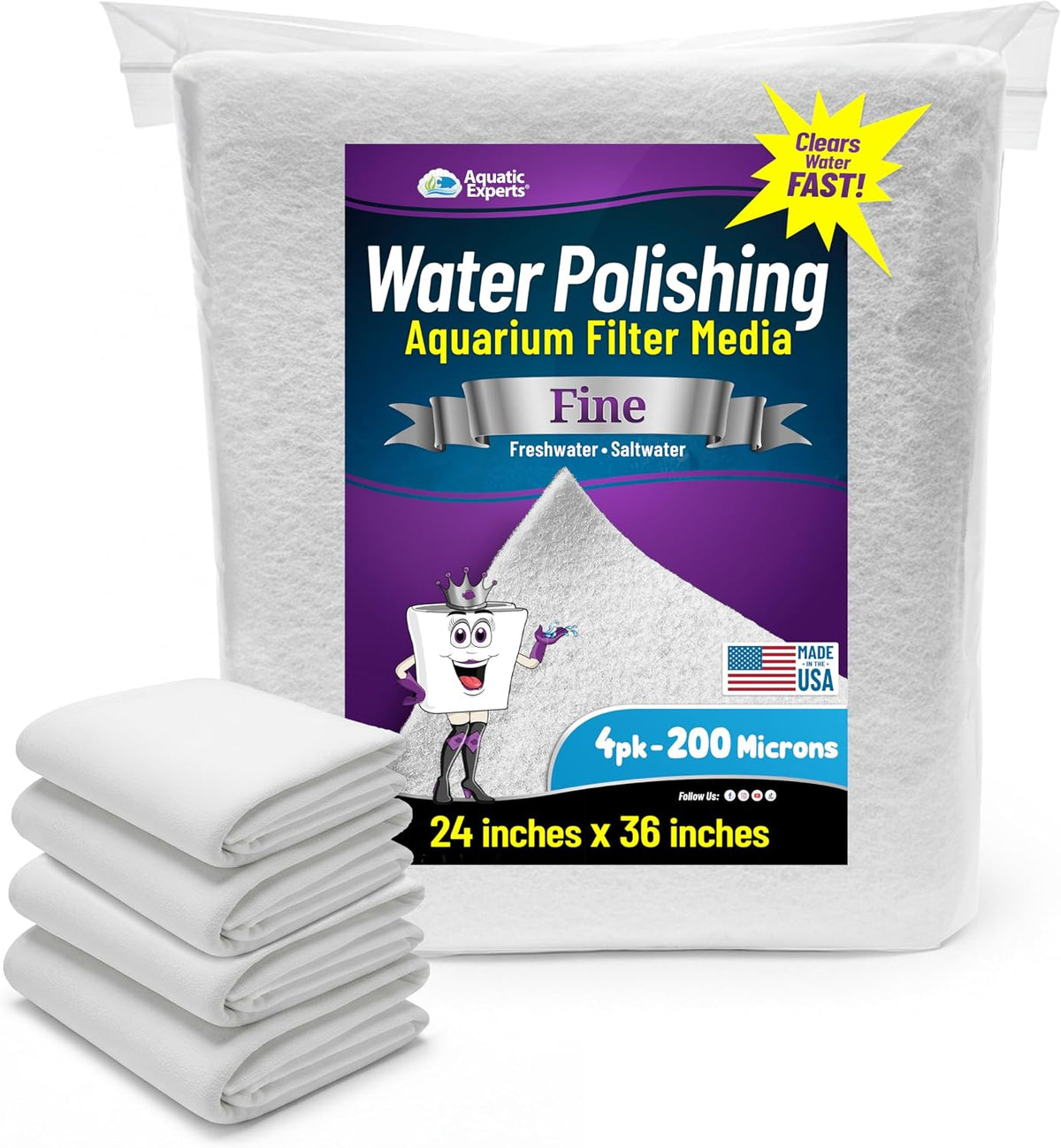 Aquatic Experts Aquarium Polishing Filter Pad - Fine – 200 Micron / 24" x 36" - 4 pack