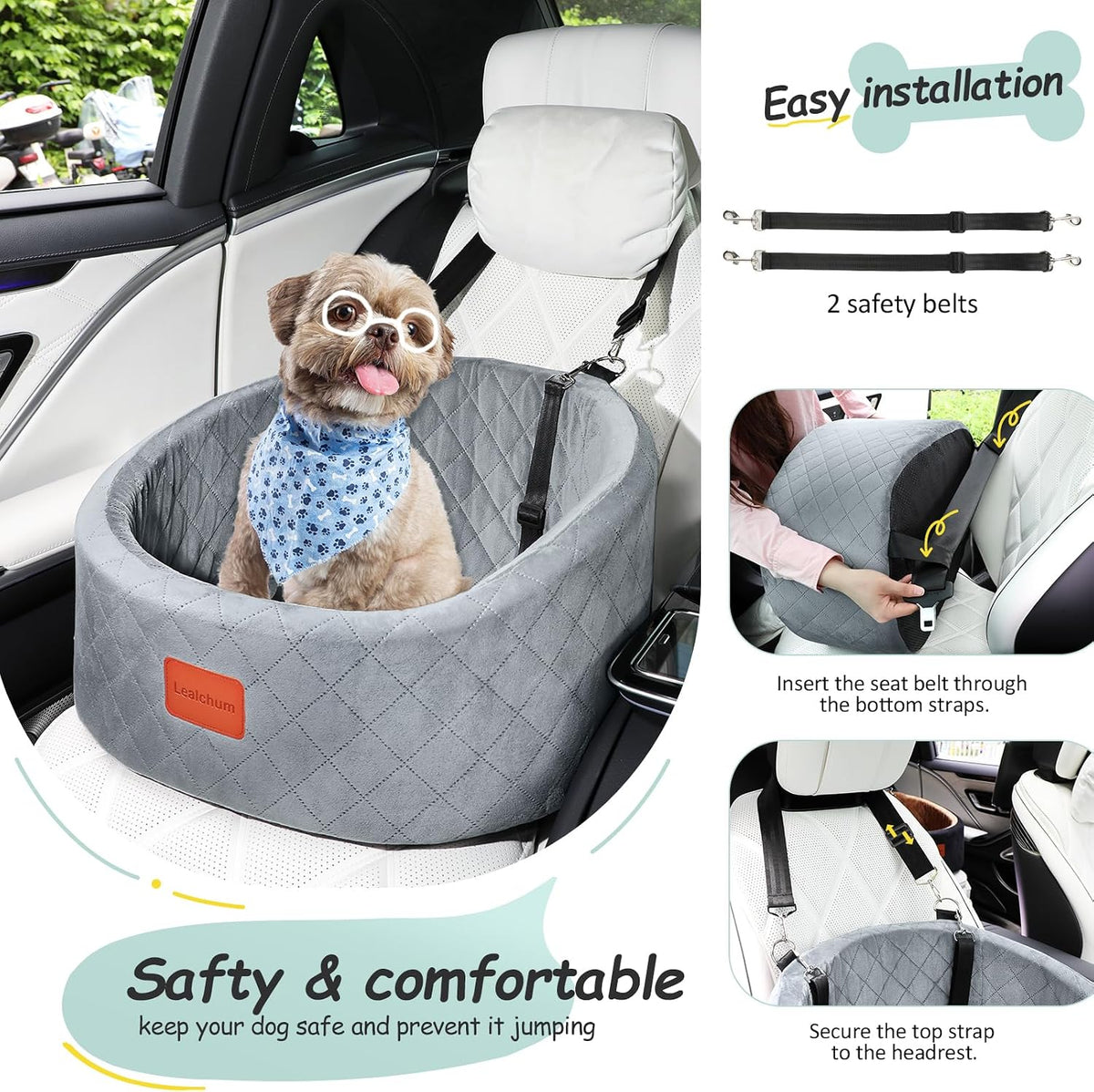 Lealchum Dog Car Seat for Small Dogs Up to 30 Lbs with 2 Safety Dog - Grey / Small - image 4