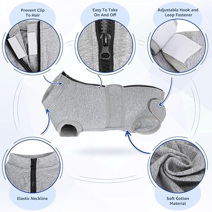 Lukovee Recovery Suit for Dogs - Zipper Onesie for Female/Male Dogs, Abdominal Wounds Cone E-Collar Alternative, Prevent Licking - Spay Recovery Suit (X-Small, Grey)