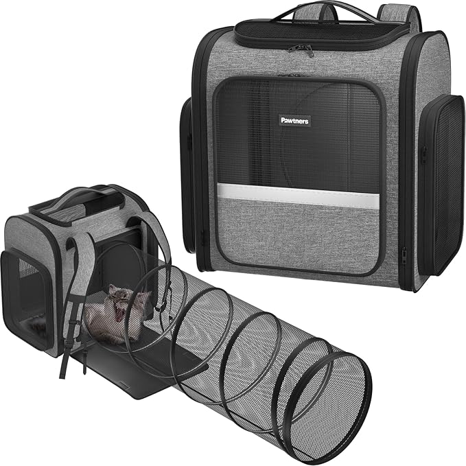 Pawtners Cat Carrier Backpacks Expandable Cat Backpack with Breathable Mesh, Pet Carrier Backpack for Cats Small Dogs Puppies Up to 18 Lbs, Dog Carrier Backpack for Travel Hiking Camping Outdoor