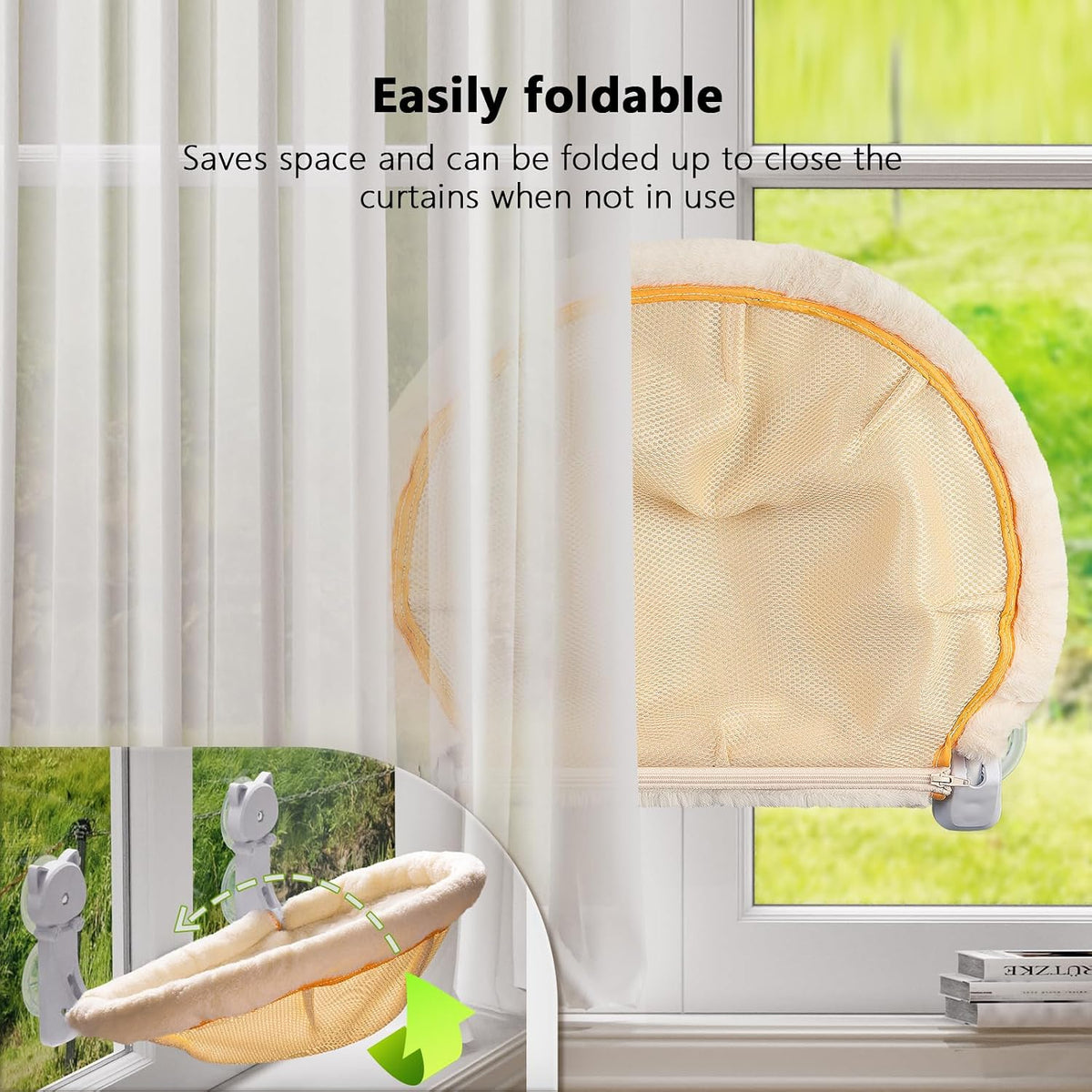 Cat Window Perch Cordless, Foldable & Stable Cat Beds - Faux Rabbit Fur / Cream - image 4