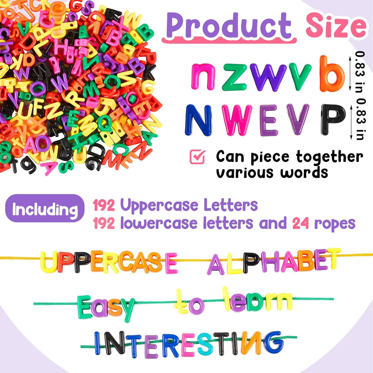 Wesiti alphabet lacing beads with uppercase and lowercase letters, ropes and buckets - view 4