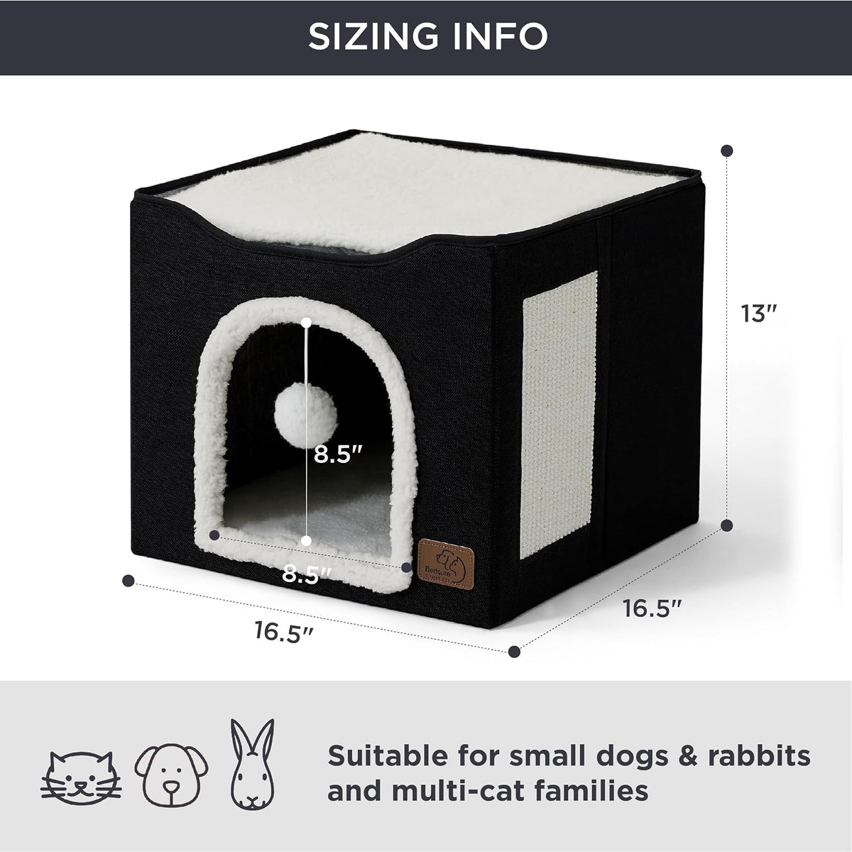 Bedsure Cat House Bed for Indoor Cats with Fluffy Ball and Scratch Pad - Black / Single - image 2