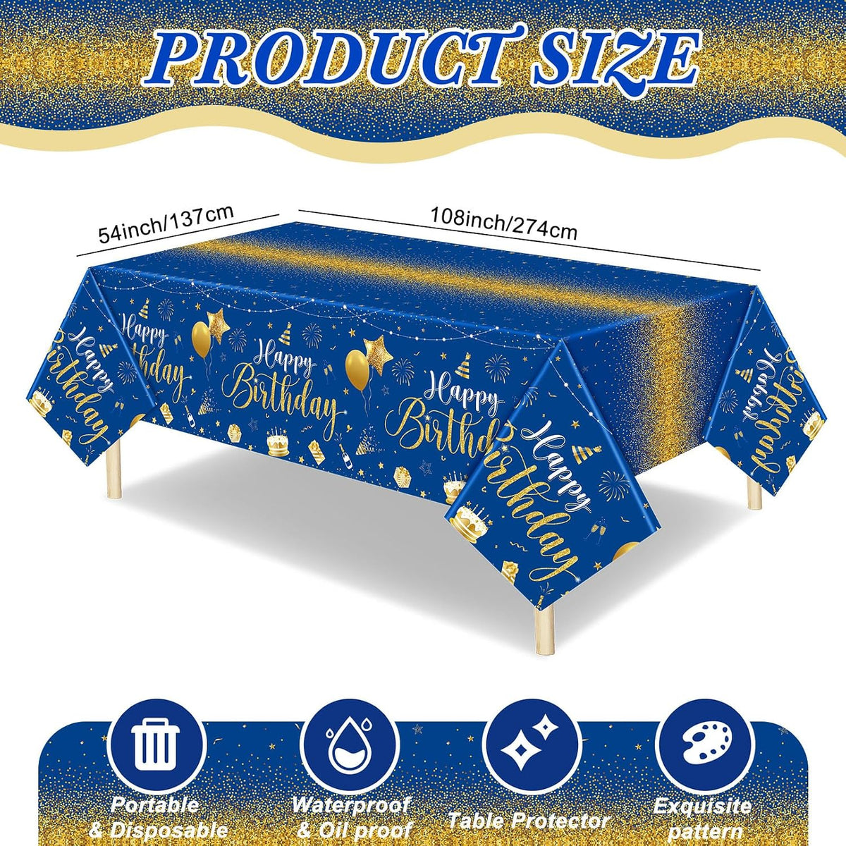 Tudomro 3 Pcs Plastic Happy Birthday Party Tablecloths - Blue Gold / 3 - image 3