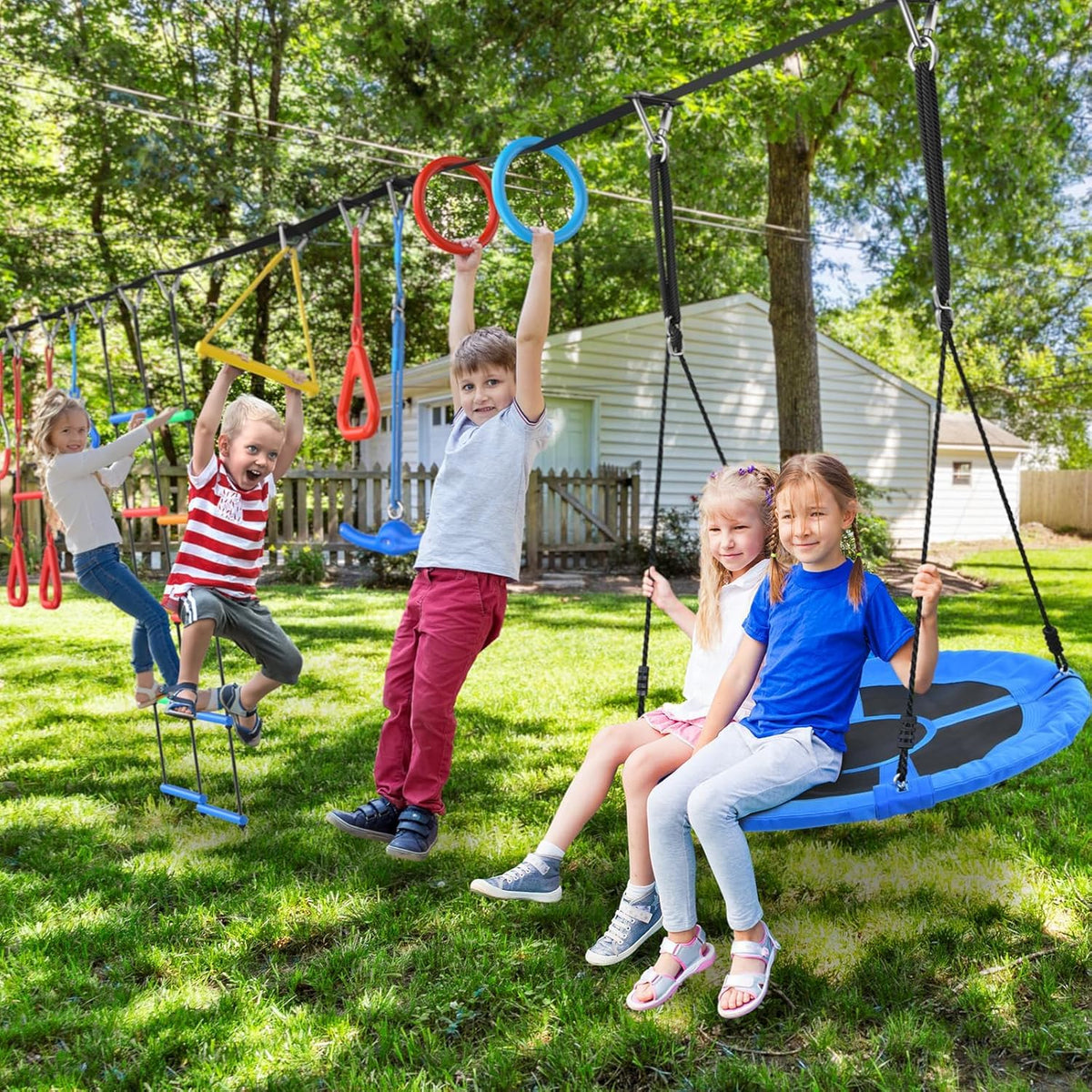 Hapfan 65 ft ninja warrior obstacle course for kids with saucer tree swing and climbing net