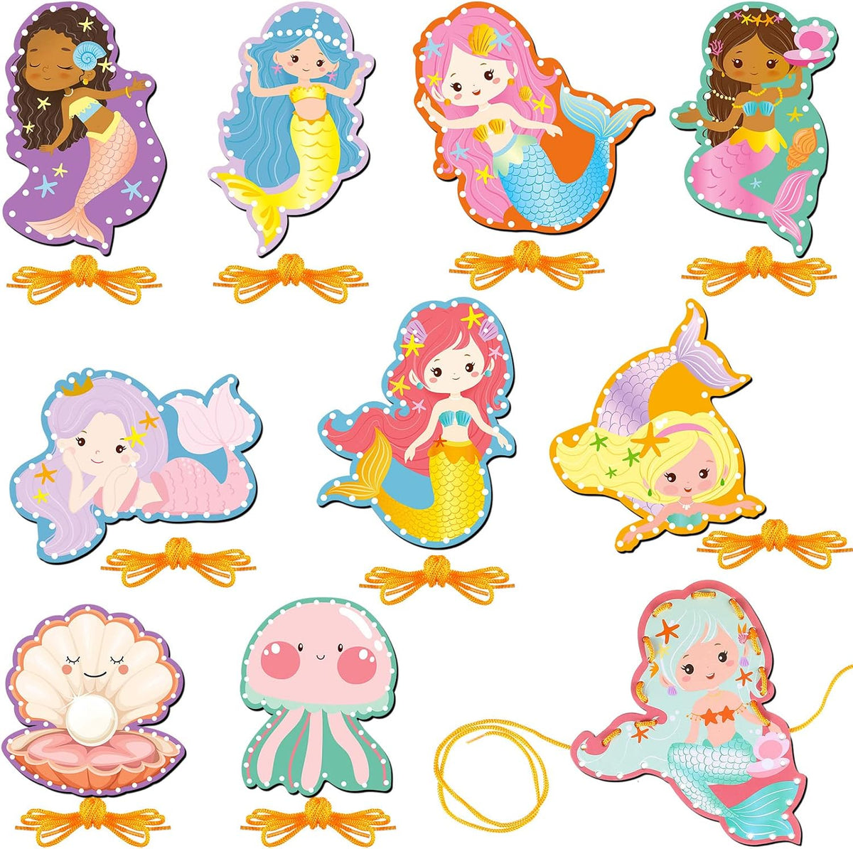 Pajean 10 Pcs Kids Lacing Cards Double Sided Animal Sewing Cards Kits - Mermaid Style