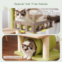 Cat Tree with Tunnel, Cat Tower for Indoor Cats, Tall Cactus Cat Tree Tower with Cat Condo, Food Station, Large Platform, Scratching Posts, Hammock, Green and Yellow GCT021GY