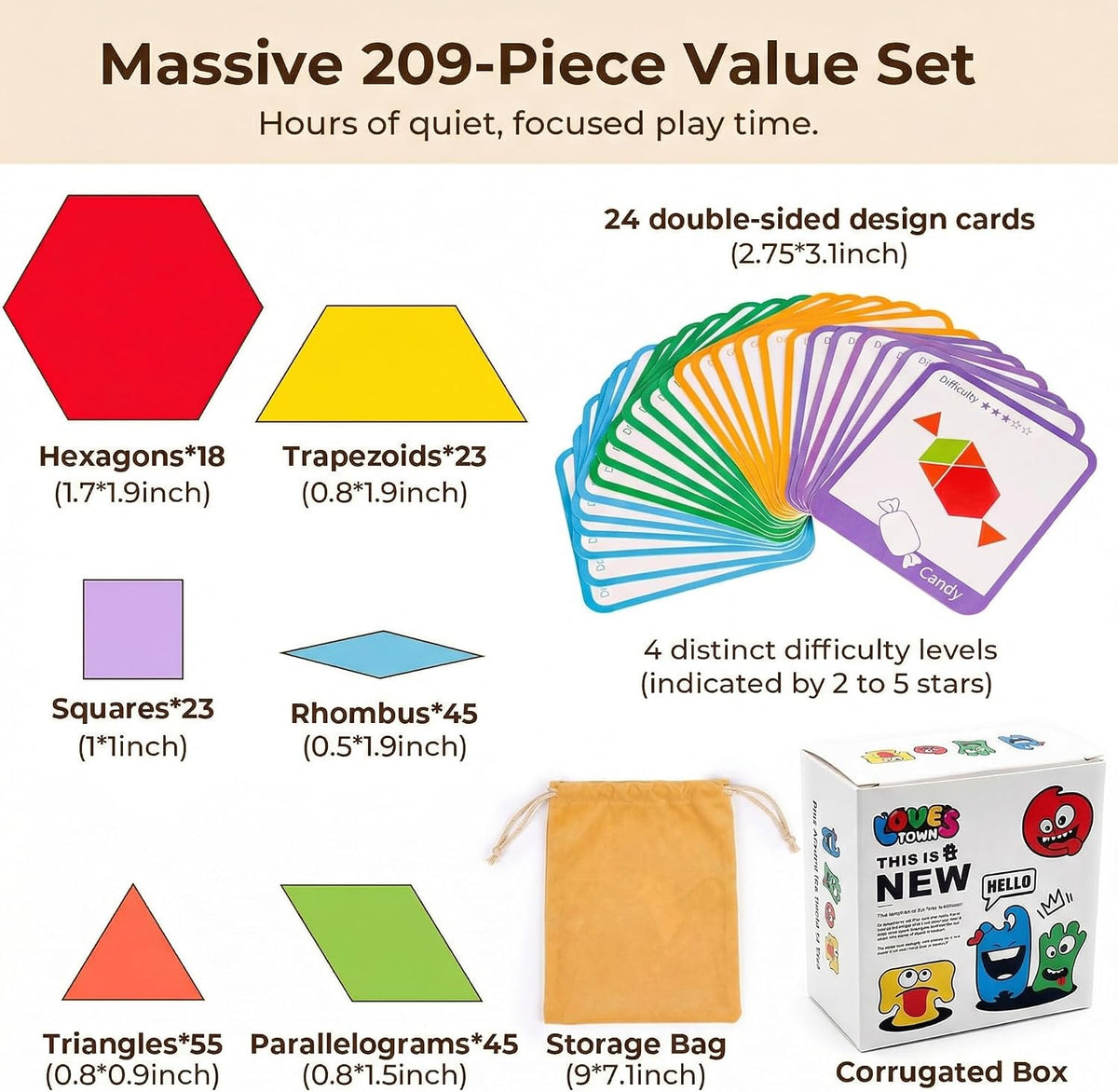 LovesTown 209 PCS Shapes Wooden Pattern Blocks for Kids – Fun for Kids & Family - 230 - image 2