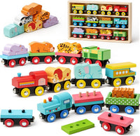 Montessori Wooden Train Toy Set for Kids - Animal Wooden Train Set