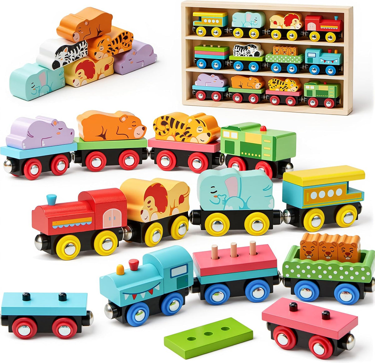Montessori Wooden Train Toy Set for Kids - Animal Wooden Train Set