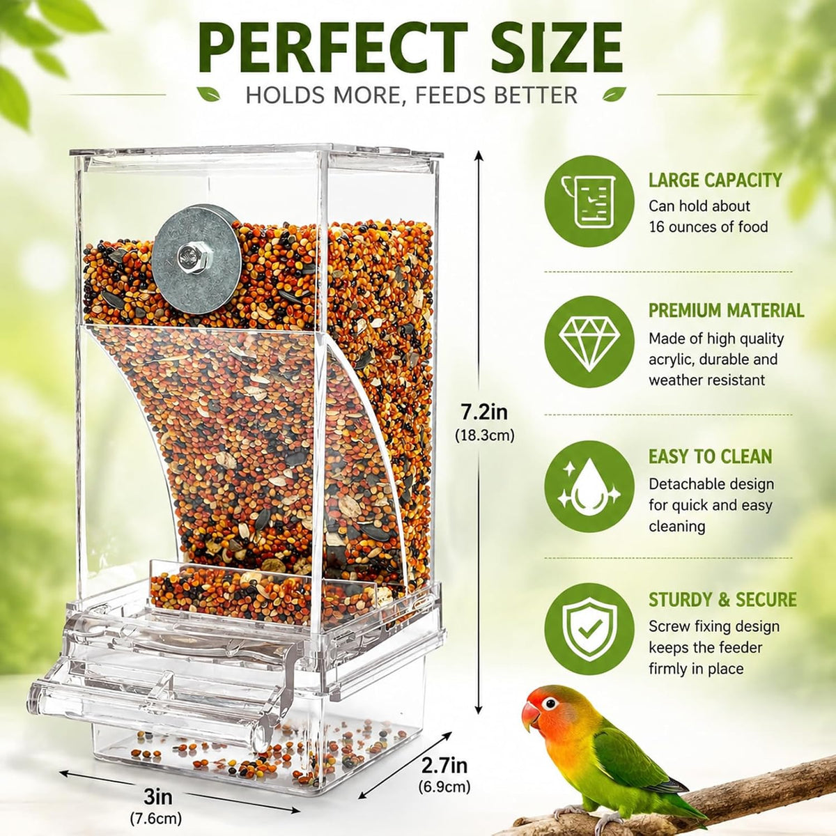 No-Mess Automatic Bird Feeder, Parakeet Cage Accessories – Essentials for Birds - Transparent - image 3