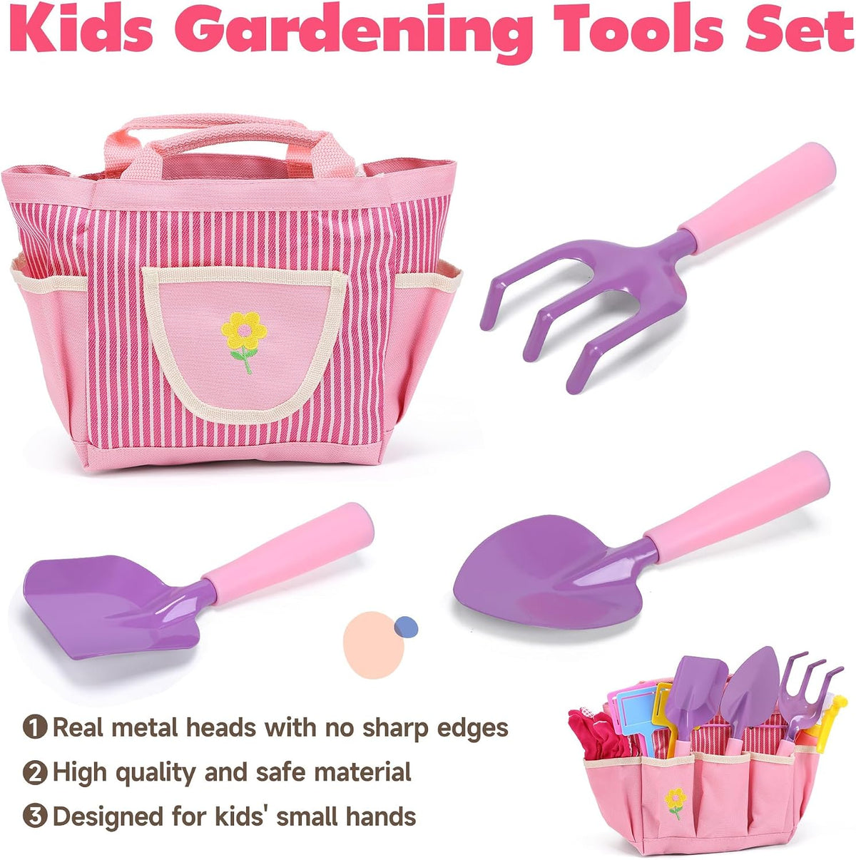 CUTE STONE kids gardening set with metal rake, trowel and pink tote bag - view 3