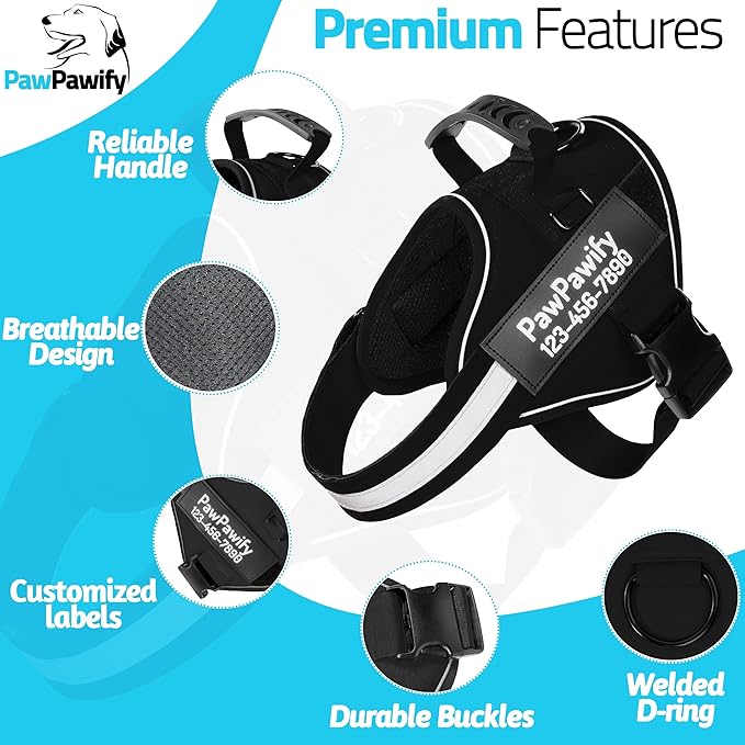 PawPawify Custom No Pull Dog Harness with Name and Phone Number, Heavy Duty Personalized Pet Vest to Prevent Tugging, Pulling, or Choking, Training and Walking (New Black, XXL (85-140 LBS))