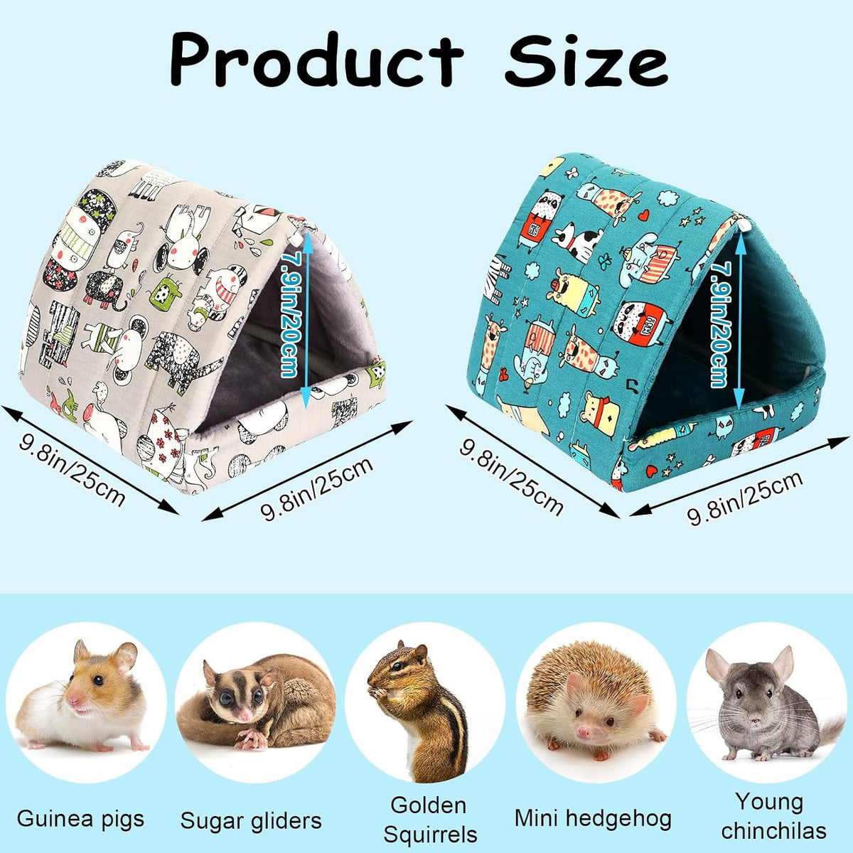 UPINS 2 Pack Guinea Pig Hideout, Washable Small Animal House Bed – Daily Care for Small Pets - 9.84 x 9.84 inch / Blue Gray - image 2
