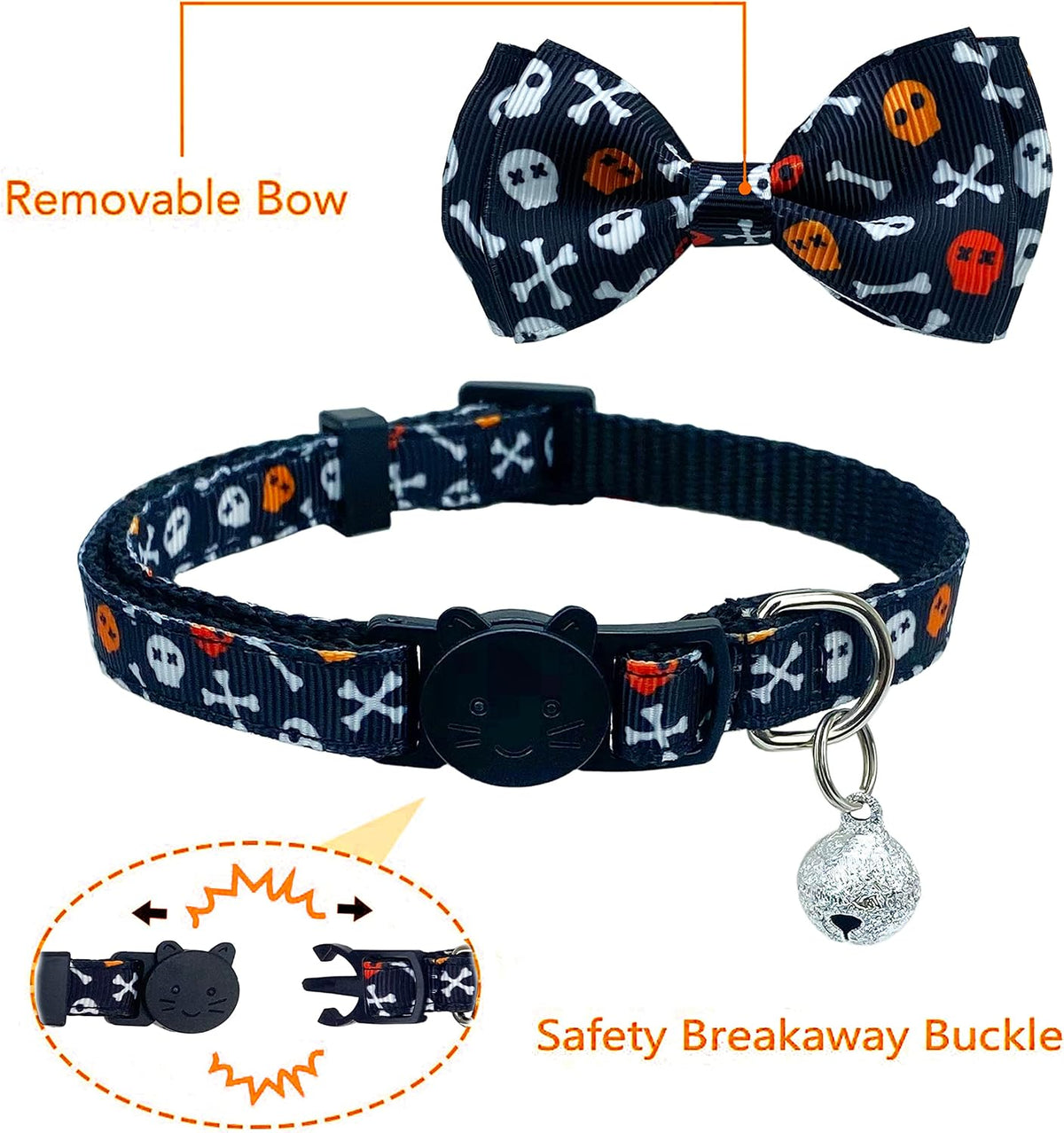 2 Pack Halloween Cat Collars with Bells, Breakaway - Jack-O-Lantern/Skeleton Dance - image 2