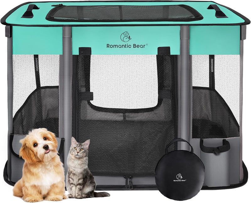 ROMANTIC BEAR Dog Playpen, Foldable Pet Puppy Cat Playpen, L - Green / Small(27"x21"x17")