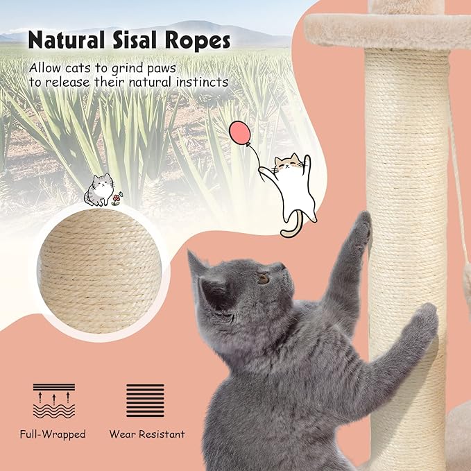 PETSITE Woven Cat Tree, Modern Cat Tower with Hammock & Scratching Posts, Cattail Condo & Top Perch, Cat Activity Tree for Indoor Cats