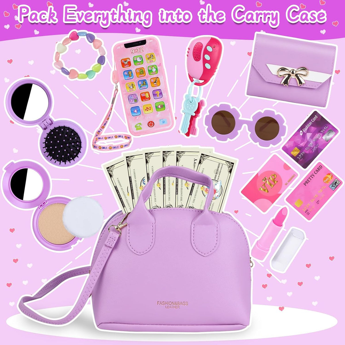 Kids Purple Play Purse Set for Little Girls 3-5 with Wallet - Purple - image 2