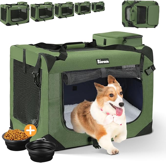 Extra Large Dog Crate with 2 Foldable Bowl, 36 Inch Collapsible Travel Dog Crate Kennel with Soft Blanket for Medium Dogs,Indoor & Outdoor (36" L x 25" W x 25" H, Green)