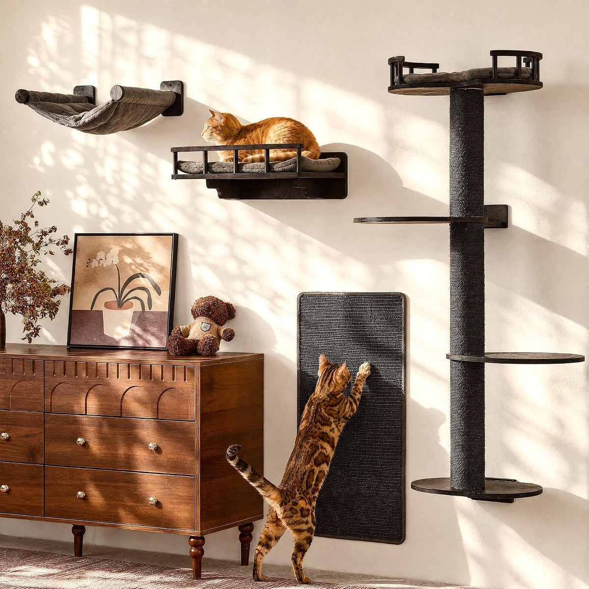 FUKUMARU Cat Wall Shelves, Beige - Black / 4-Pack Large