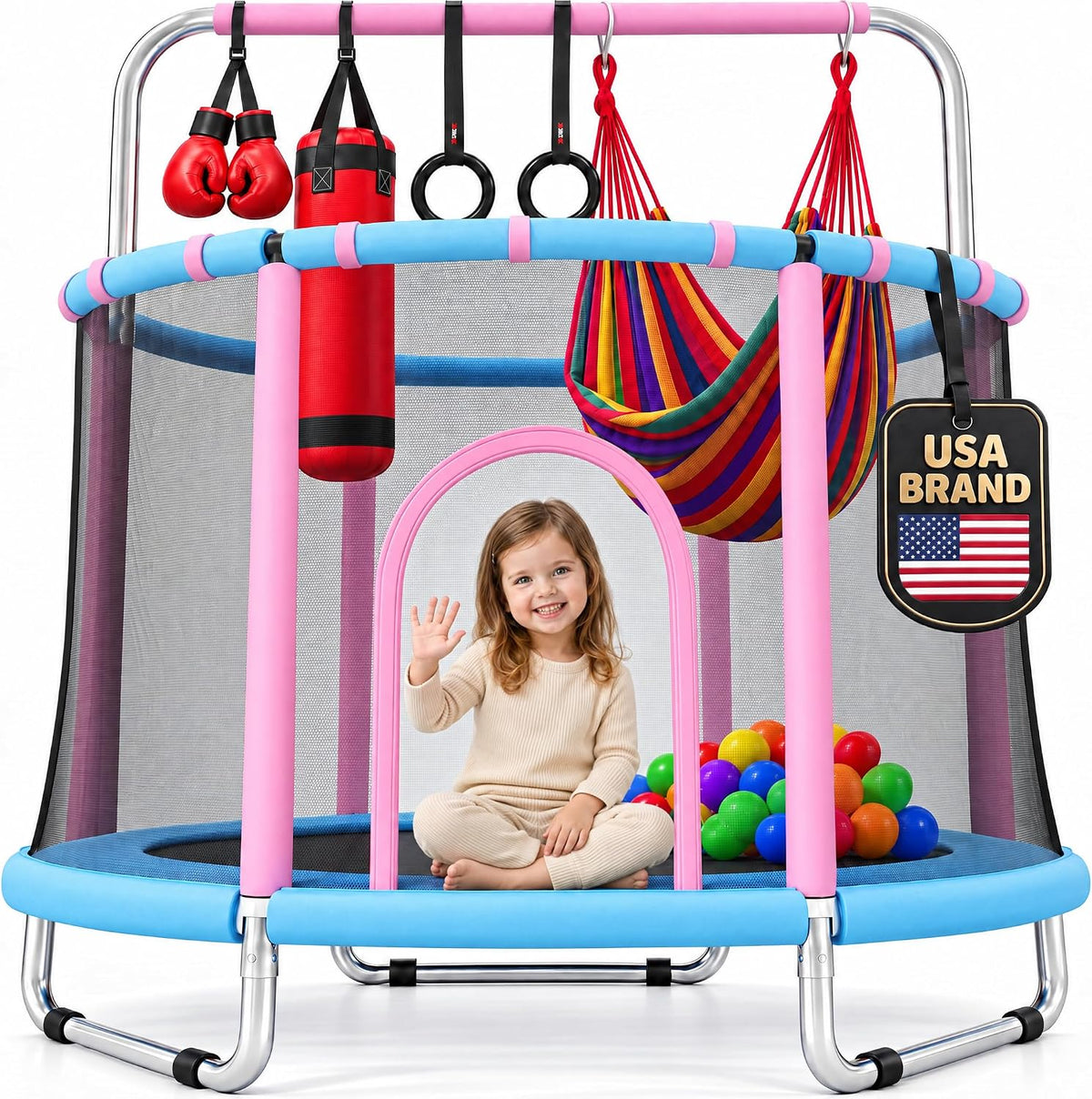 Happin 55’’ Trampoline for kids Safety Enclosure - Pastel Pink & Blue / Adventure