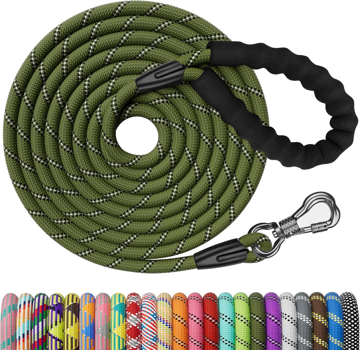 Heavy Duty Dog Leash, 15FT Training Leash with Swivel Lockable Hook, Padded Handle and Highly - 50ft*3/8" / Olive