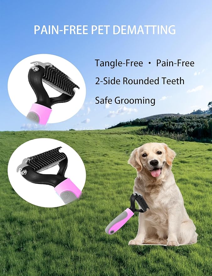 6ps Dog Cat Brush Grooming Kitf, Dog Cat Brushes, Bath Brush, Dematting Rake and Comb, Nail Clipper, Nail File, Flea Comb (Pink 6 Kits)
