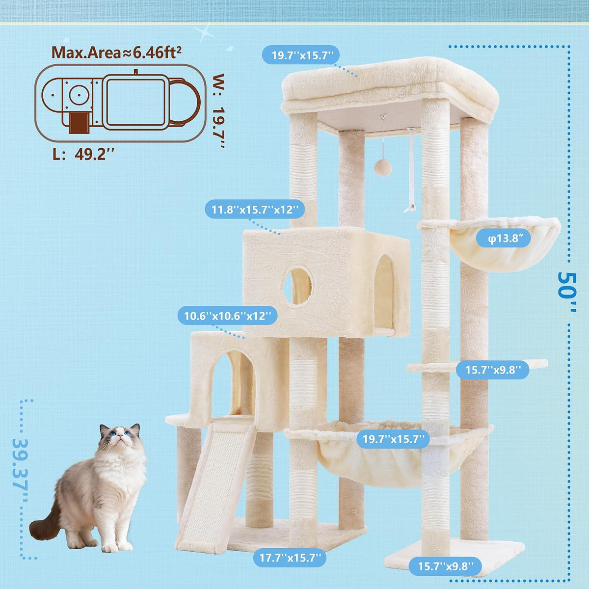 Hey-brother Cat Tree Tower with 3 Condos - 50 inches / Beige - image 2