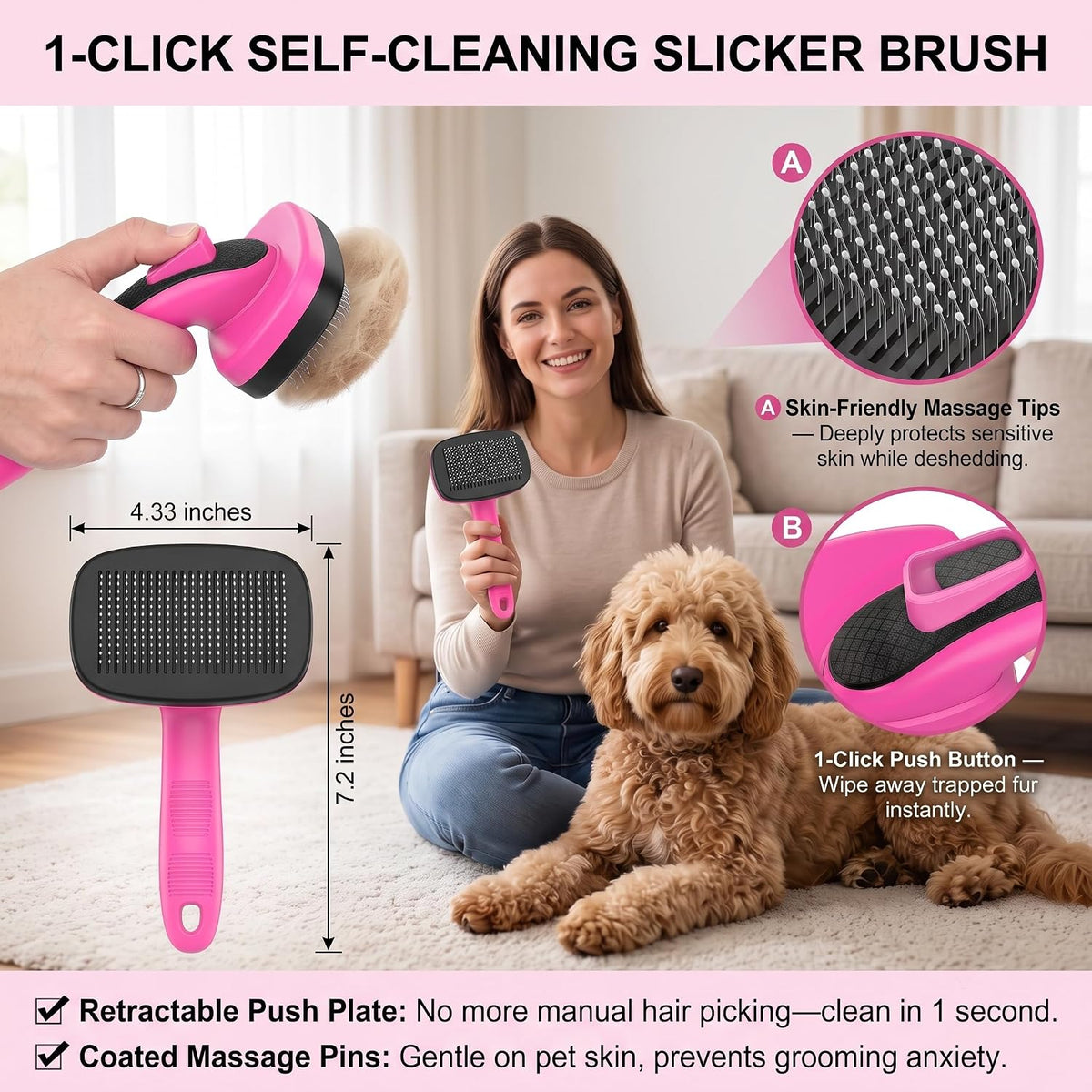 5 PCS Pet Grooming Kit, Dog Brush & Dematting Rake for Long Hair – Essentials for Cats - Pink 5pc - image 2
