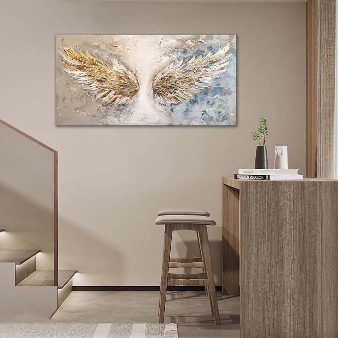 Large Angel Wings Wall Art Golden Abstract Extra Canvas Living Room Pictures Framed Prints Aesthetic Oversize Wall Decor Big Painting Artwork for Bedroom Dining Office Home 60"x30"