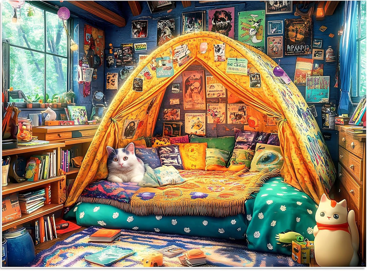 Ciavotie 500 piece jigsaw puzzle of a cozy cat tent room - view 5