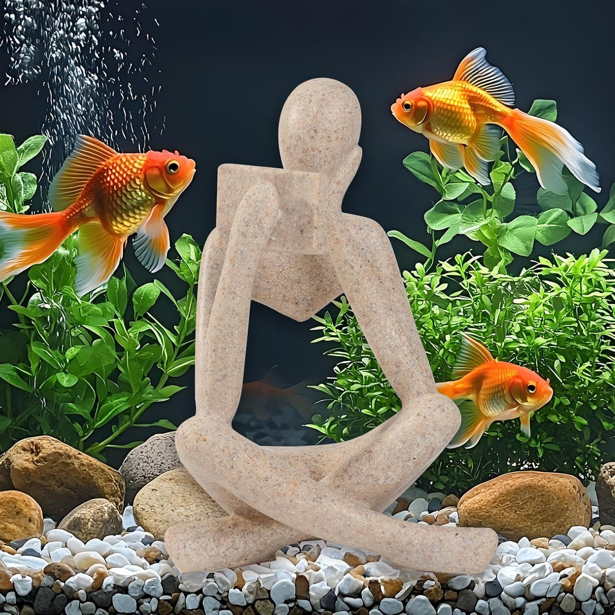 Minimalist Thinker Statue, Fish Tank Decor - Right Thinking Read Book