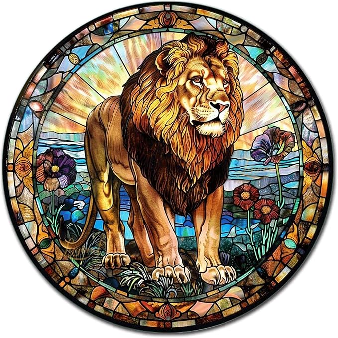 Lygond Metal Sign Tin Sign Circular Stained Glass Lion Garden Metal Sign for Club 12×12 Inches