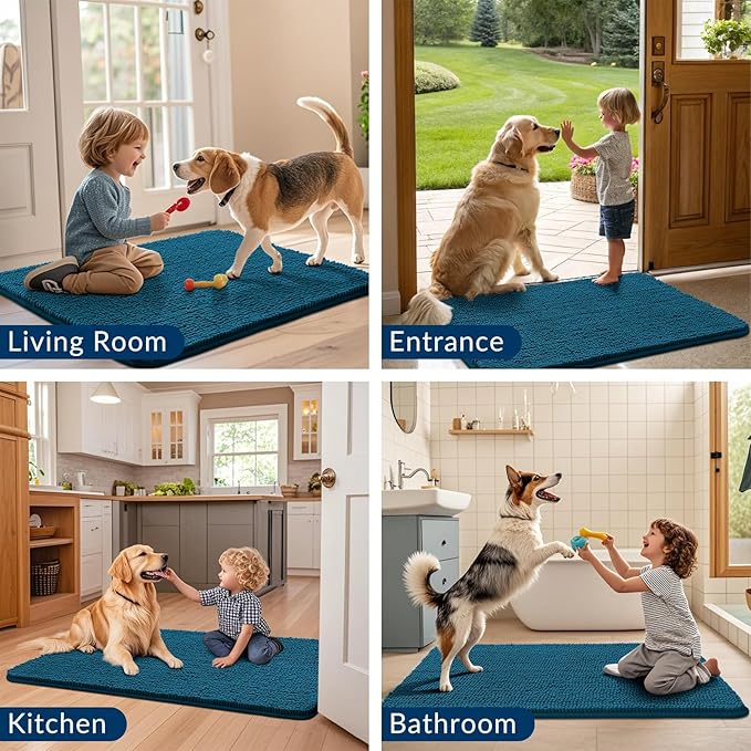 Smiry Dog Door Mat for Muddy Paws 59x35, Absorbs Moisture and Dirt Doormat, Non-Slip Washable Quick Dry Chenille Front Door Mat Indoor Entrance, Entryway Carpet for Inside Floor, Atlantic Blue