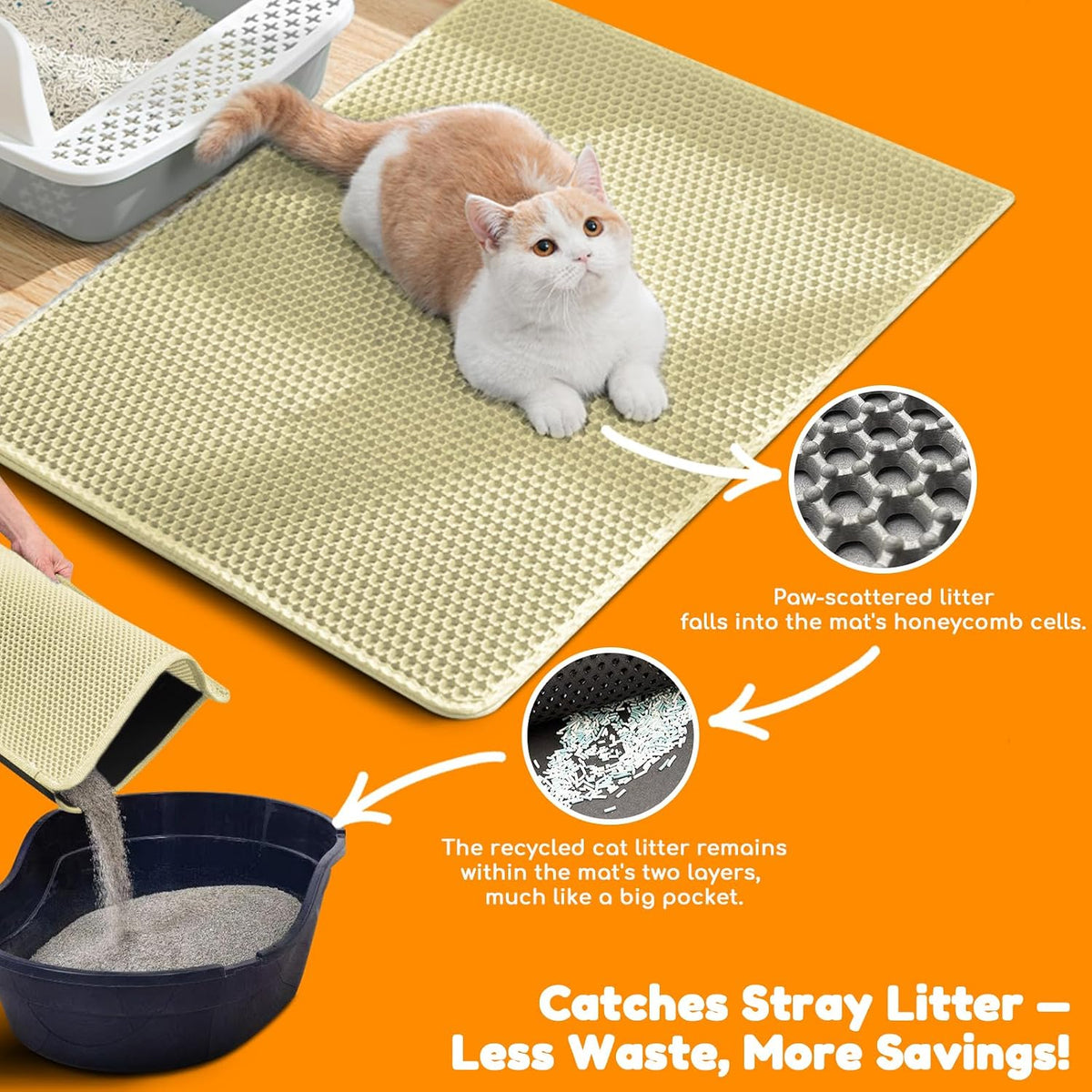 Cat Litter Mat 24"x16", Double Layer EVA litterbox Mat Beige - Cream / Honeycomb-47 x 27 Inches - image 2