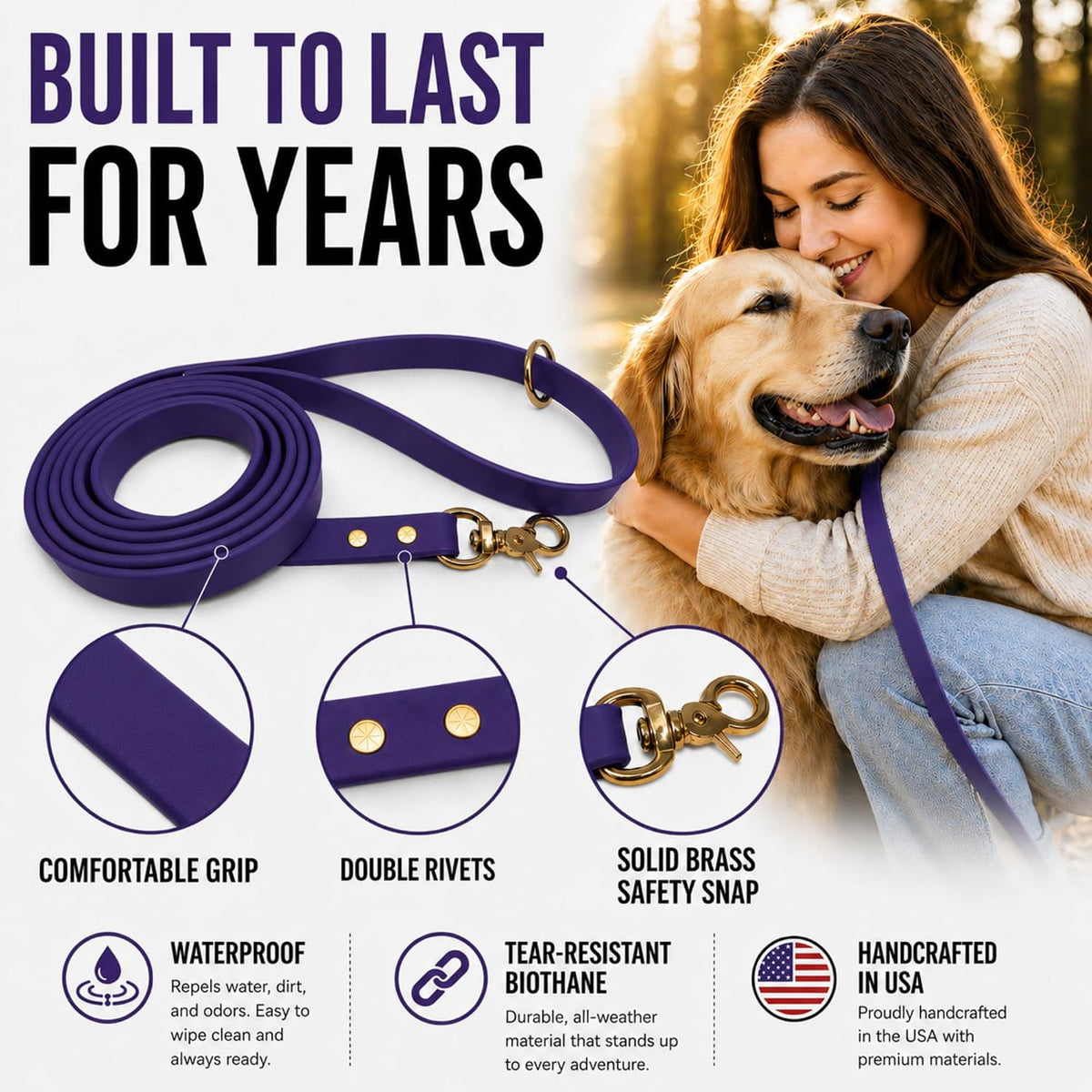 Biothane Leash, Brass, 6 ft x 5/8, Black – Essentials for Dogs - 5/8 / Purple - image 4