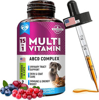 Cat & Dog Multivitamin Liquid with Glucosamine & Cranberry | 15 in 1 Health Supplements for Urinary Tract Kidney, Bladder, Hip & Joint, Skin & Coat | Natural UTI Medicine Made in USA (60 ml)