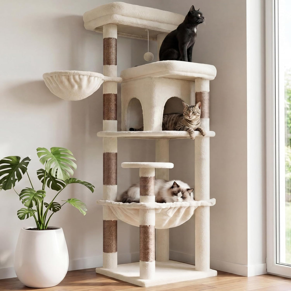 Heybly 53.1" Corner Cat Tree for Large Cats - Beige / 56 inch