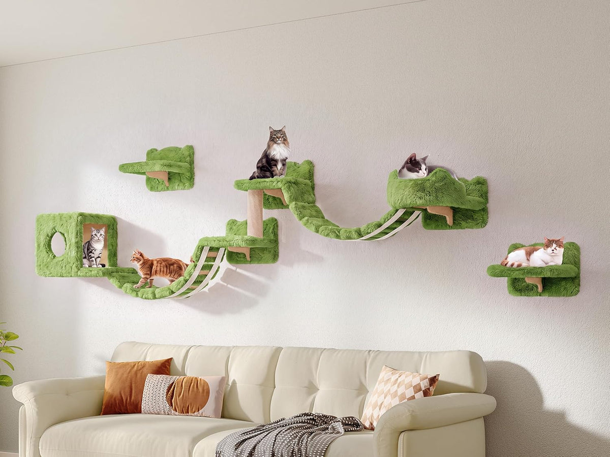 Cat Wall Shelves, 9-in-1 Wood Cat Wall Furniture Set, Burlywood – Essentials for Cats - Green / 9 Piece Set