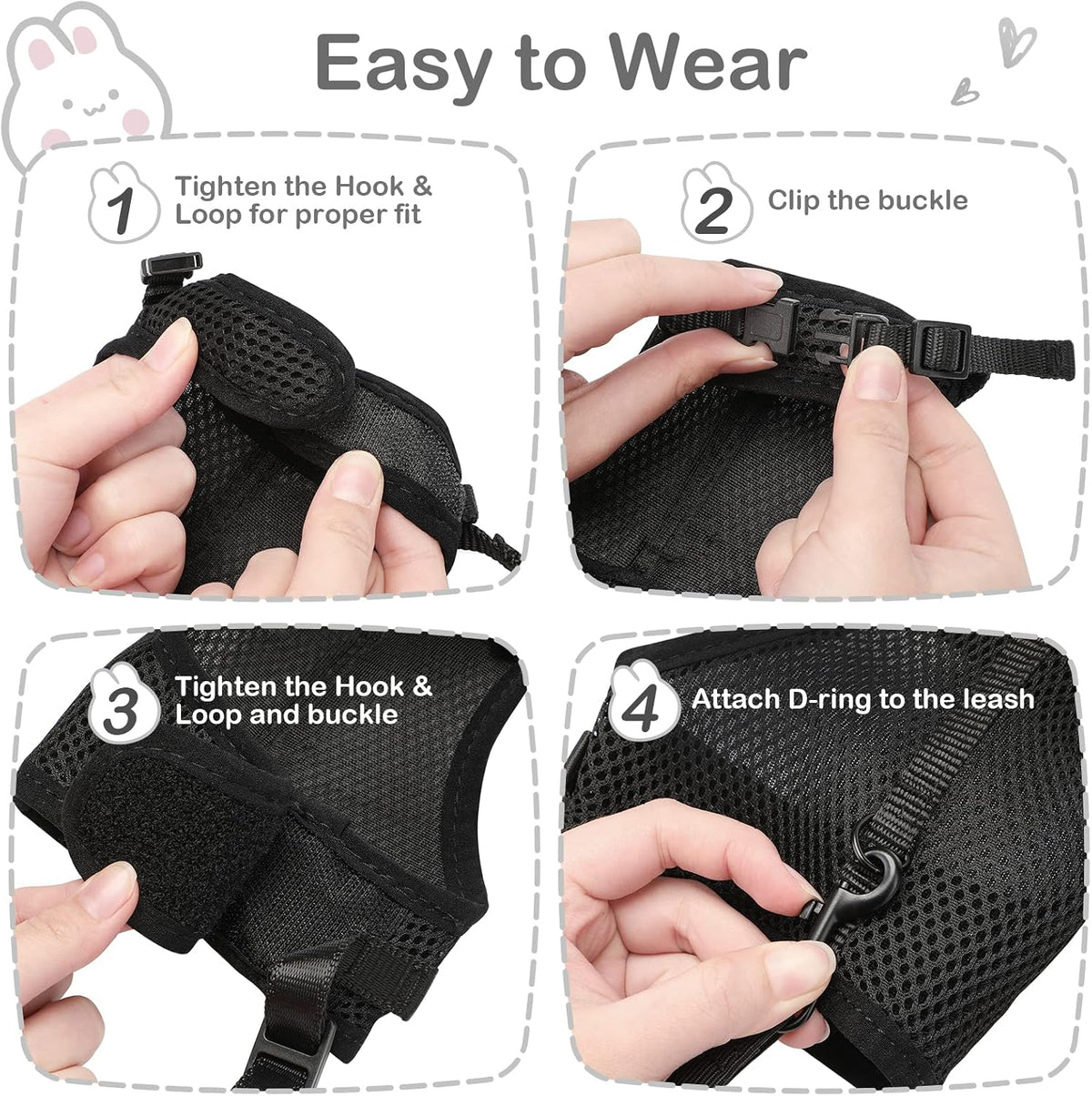 PETTOM Bunny Rabbit Guinea Pig Harness Stretchy Elastic Leash Cute - XL(Chest:12.5-15.7 in) / Black - image 3