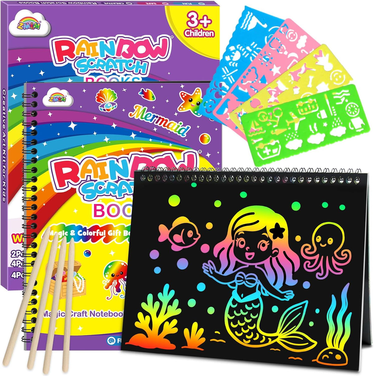 ZMLM Scratch Paper Art-Crafts Gift: 2 Pack Rainbow Notebooks Supplies - Purple
