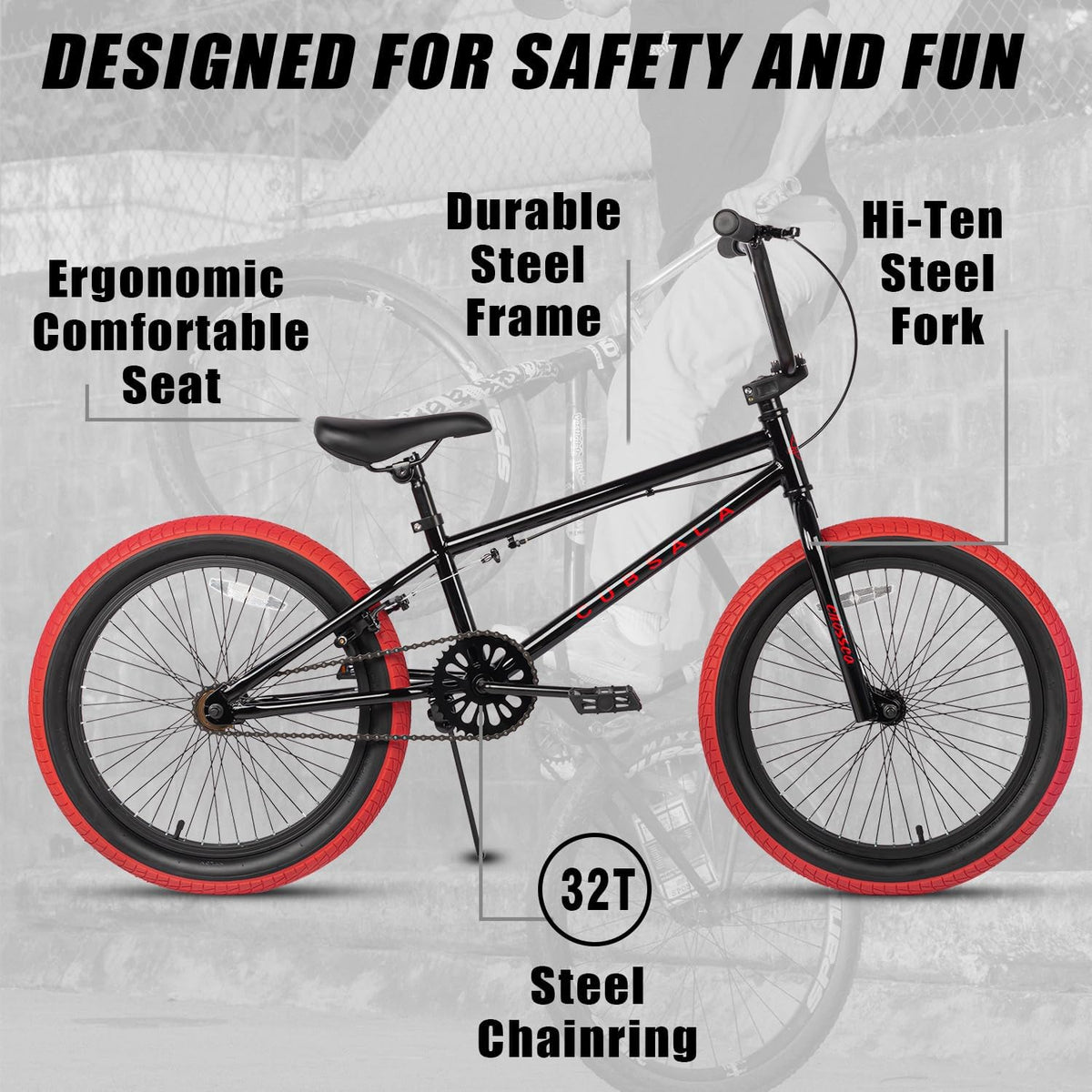 cubsala Crossea 18 20 Inch Kids Freestyle BMX Bike for 5-13 Years Old – Fun for Kids & Family - Black & Red / 20 Inch / Without Pegs - image 2